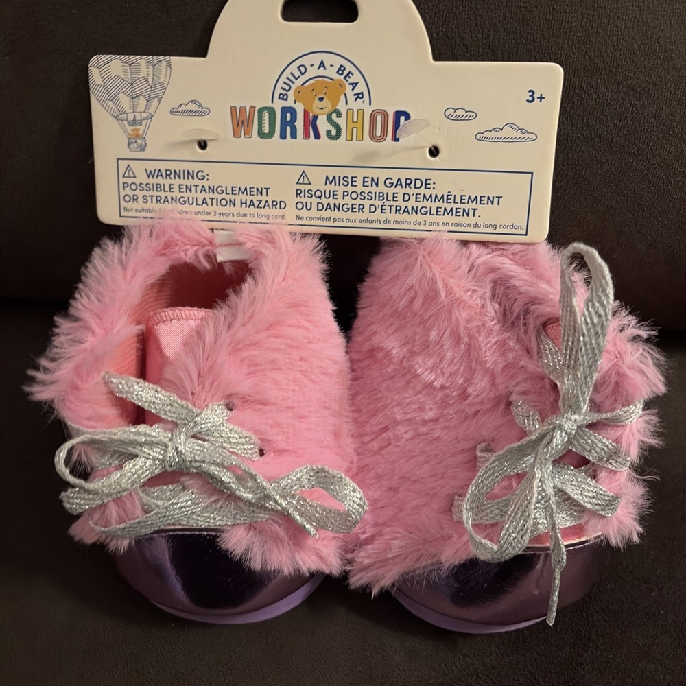 Build A Bear Pink Fuzzy Tie Shoes With‎ Silver Laced